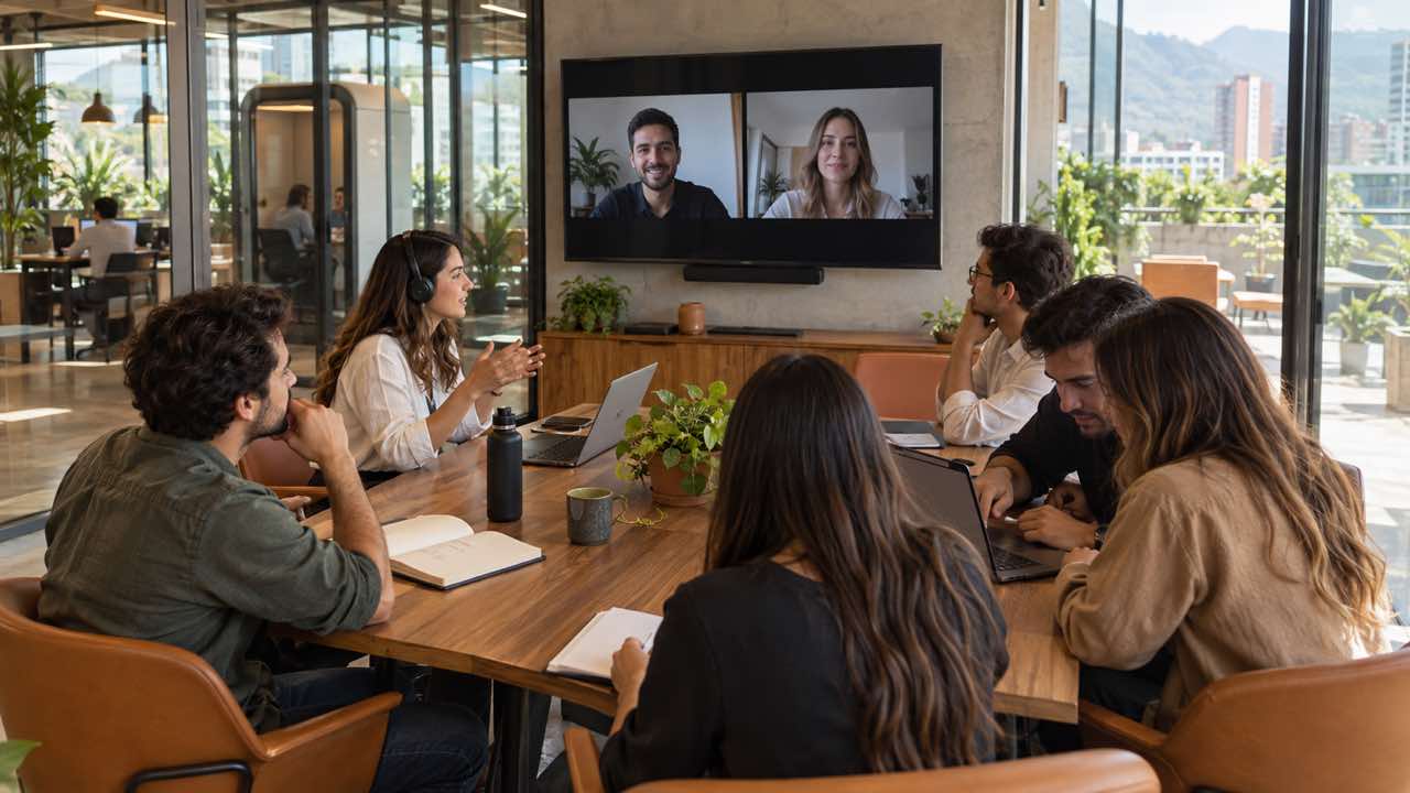 Equipo en una sala con participantes remotos en pantalla durante una reunión híbrida