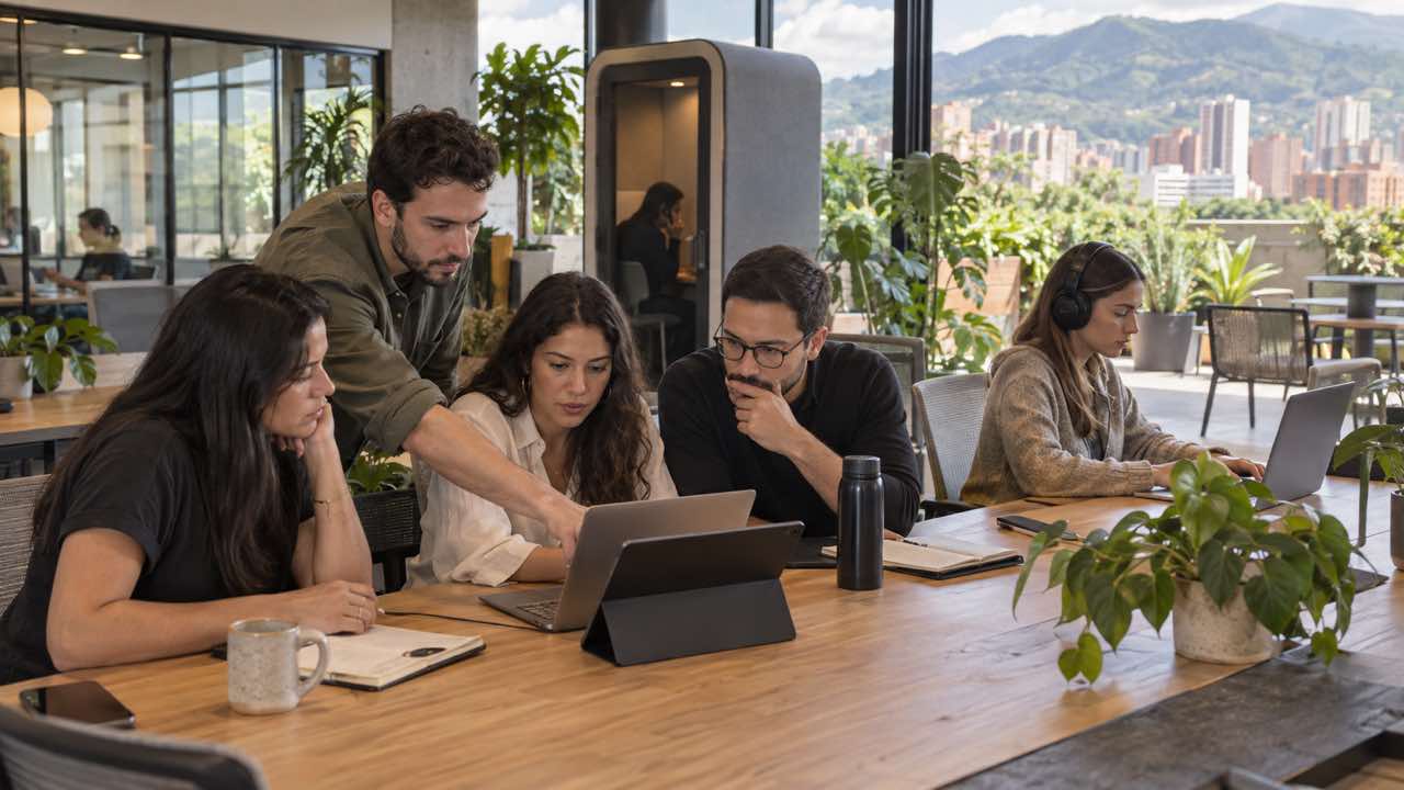 Equipo revisa una agenda compartida en un coworking de Ciudad del Río
