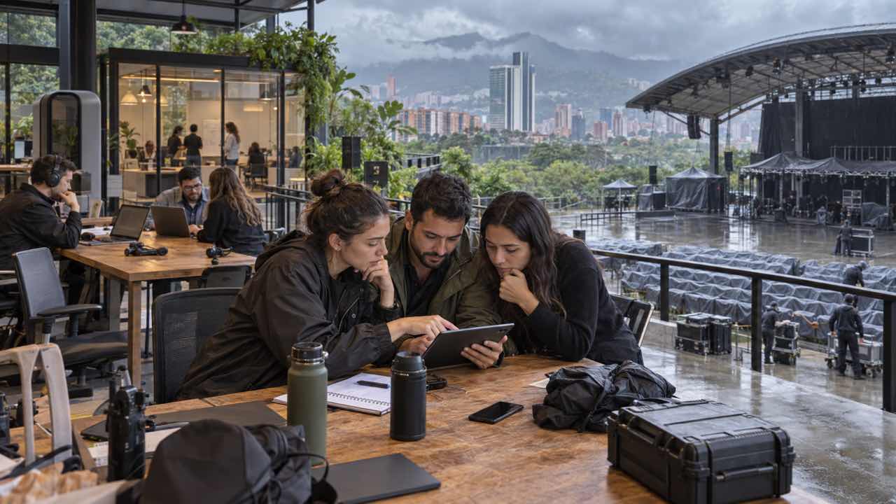 Equipo de producción revisa el pronóstico en un teatro al aire libre bajo cielo nublado