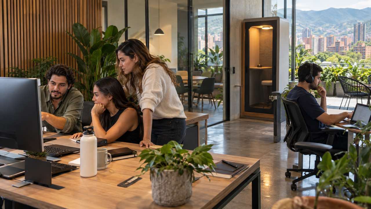 Equipo pequeño trabajando en una oficina privada luminosa en Ciudad del Río