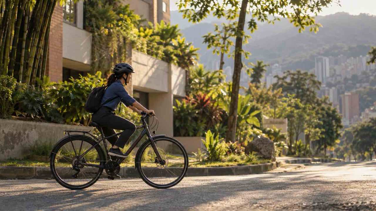 Persona sale en bicicleta hacia el trabajo por una calle urbana al amanecer