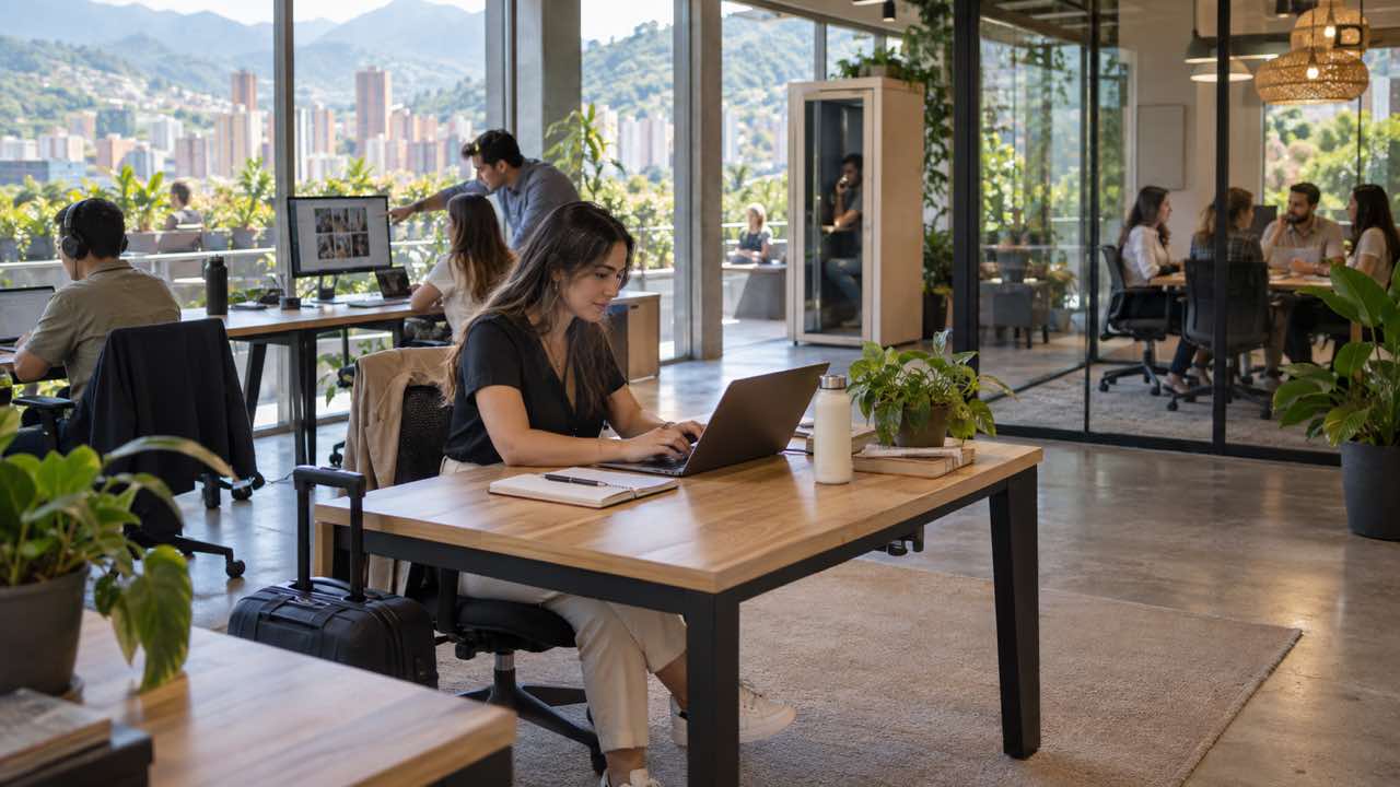 Profesional con maleta trabajando en un coworking luminoso de Ciudad del Río