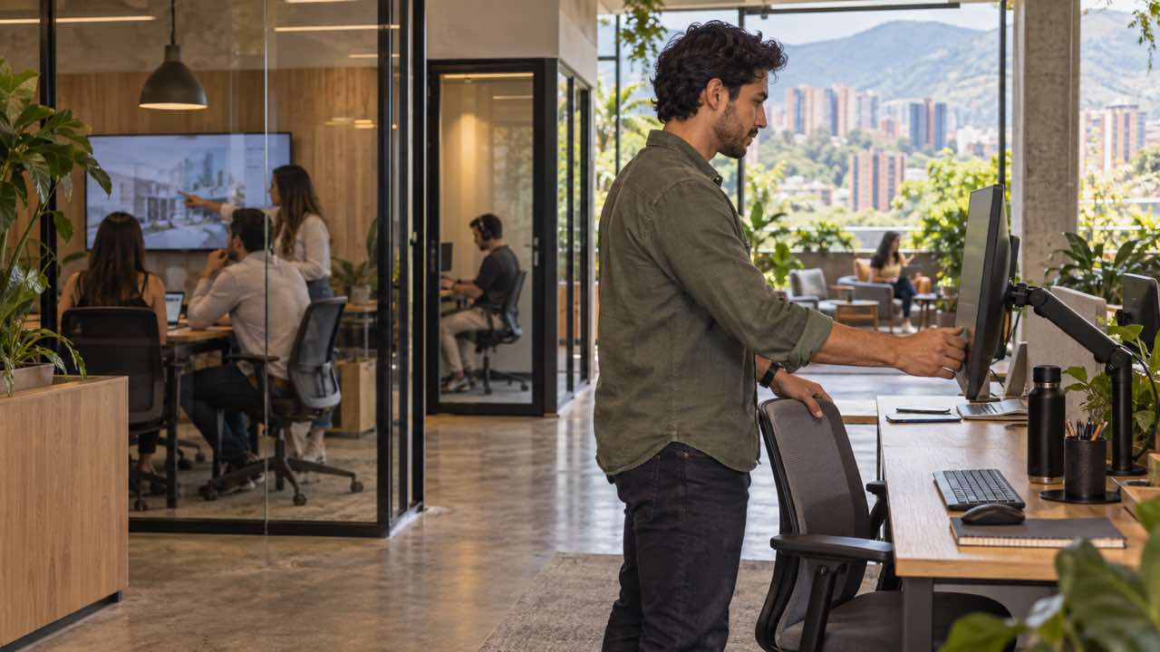 Profesional ajustando pantalla y silla en un puesto fijo de coworking