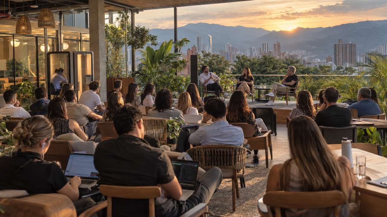 Panel profesional con asistentes en un teatro al aire libre en Ciudad del Río