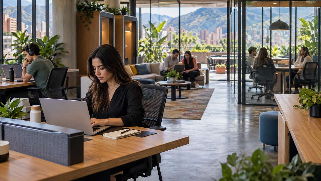 Profesional trabajando concentrado en un puesto fijo de coworking