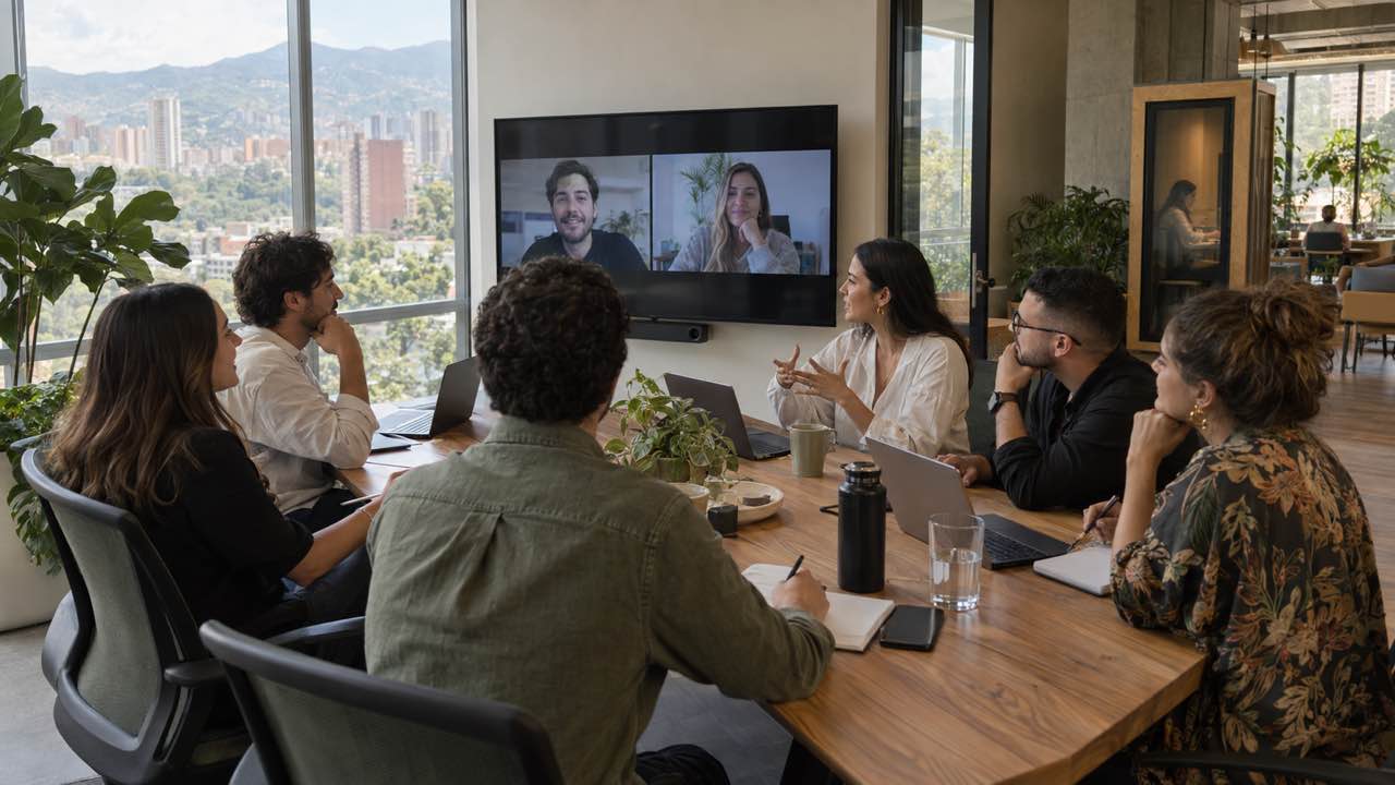 Equipo híbrido toma una decisión en una sala con colegas conectados por videollamada