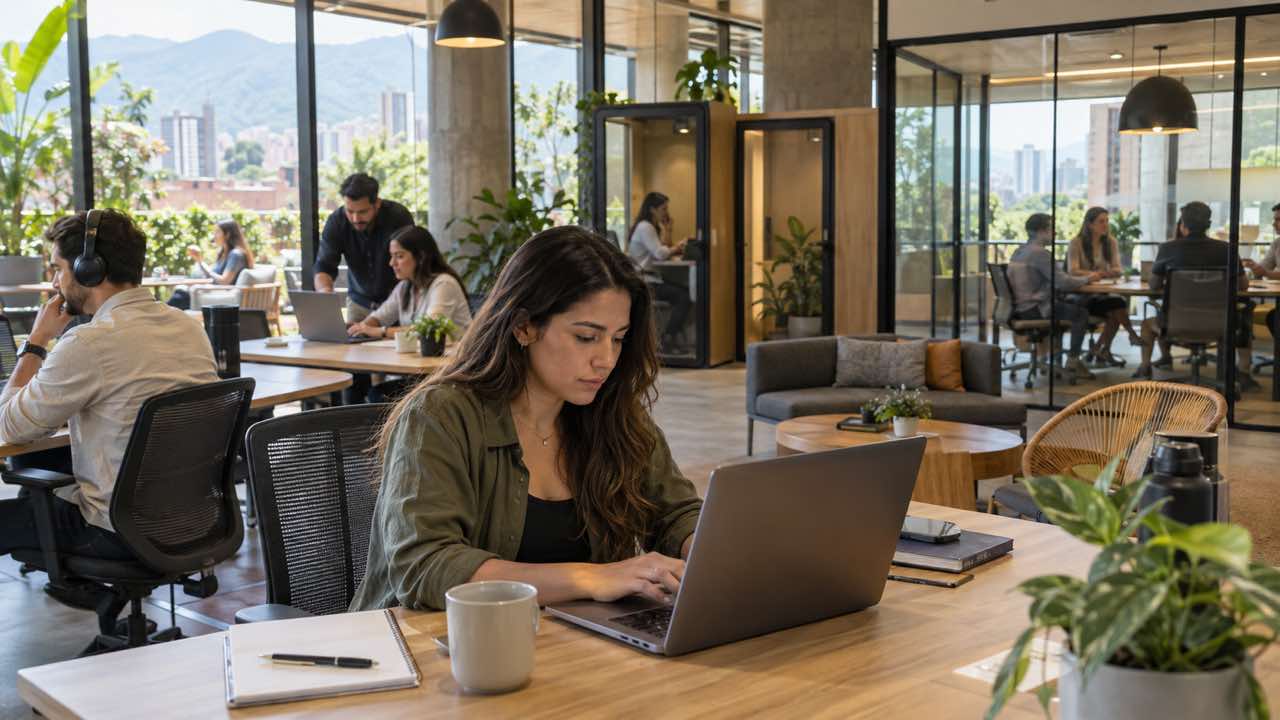 Profesional trabaja en un escritorio fijo de un coworking luminoso en Ciudad del Río
