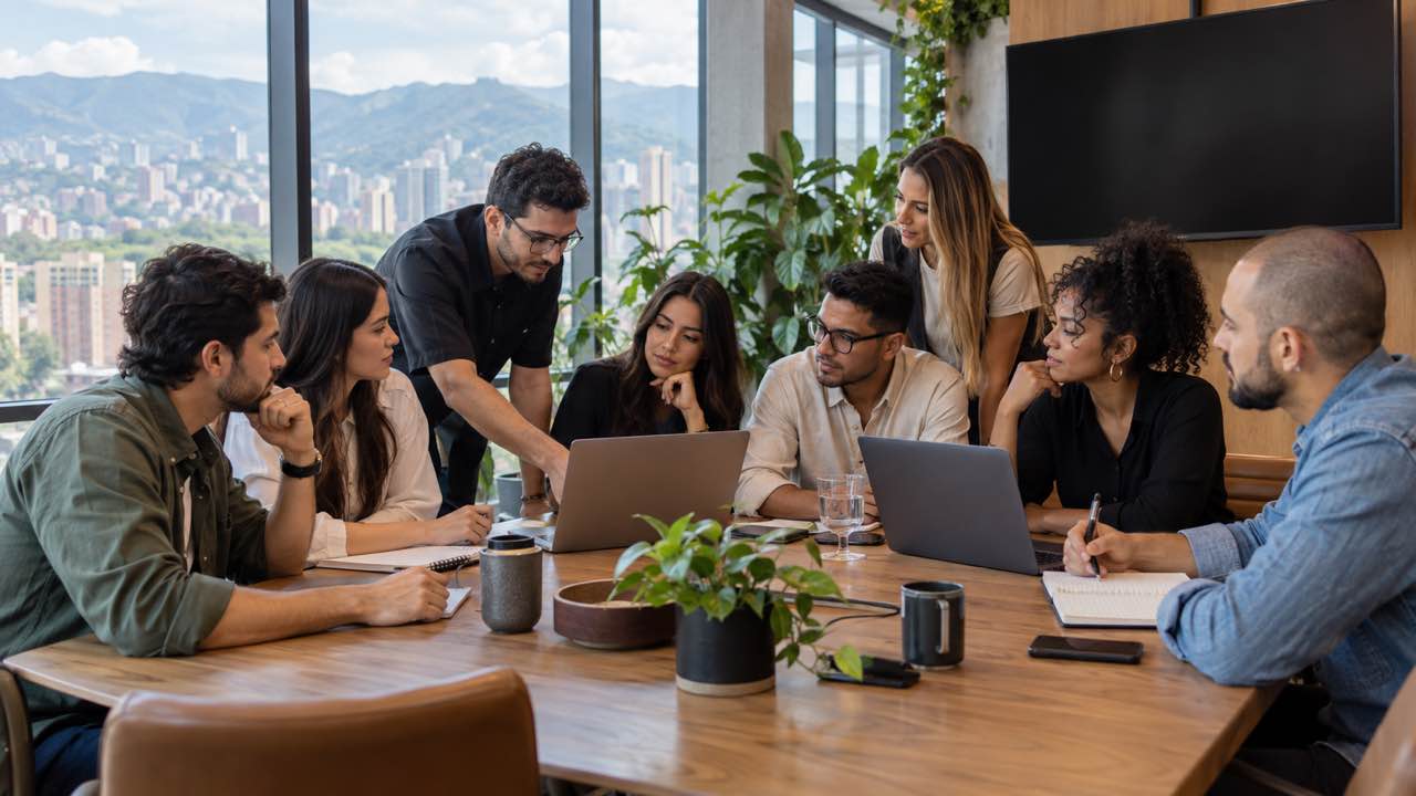 Equipo reunido en una sala luminosa con mesa y pantalla