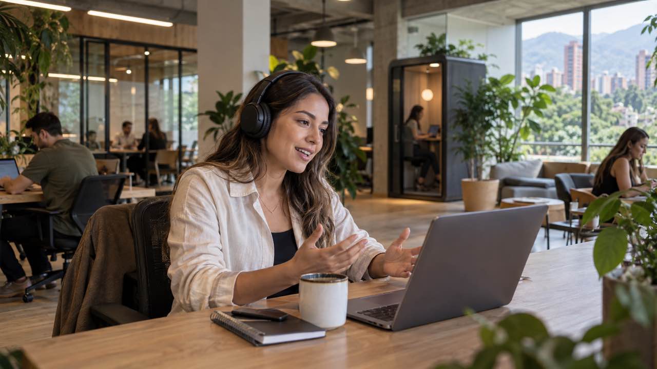 Persona en videollamada desde un puesto luminoso de coworking en Ciudad del Río